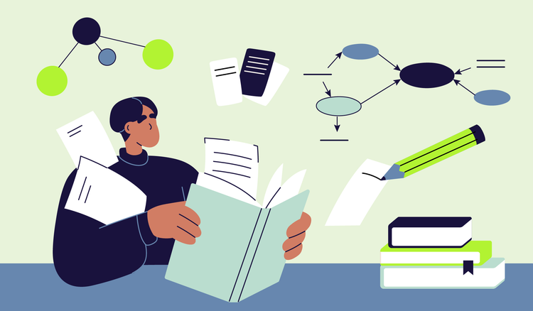 Animated person reading as books, notes, pencils, and other items related to note taking float around him.