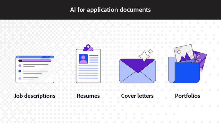 Icons for how to use AI for job application documents: A job description, a resume, a cover letter, and a portfolio.