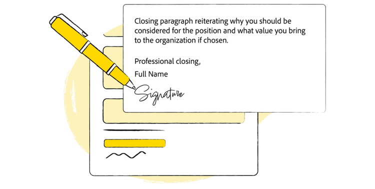 An illustration of a closing and signature in an example cover letter.
