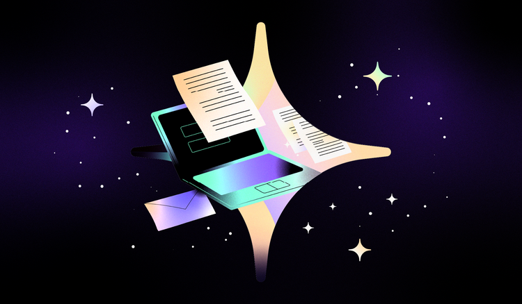 A laptop, with documents coming out of it, floats in outer space.