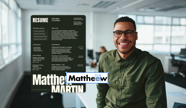 Smiling interviewee next to a resume.