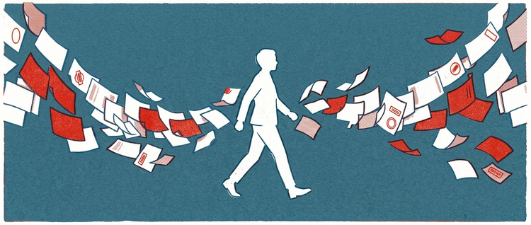 A white silhouette of a person walking while many red and white papers and documents float around it, demonstrating the overwhelming paperwork during new hire onboarding for employees.