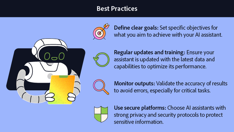 Icons: Define clear goals (target), circling arrow (regular updates), magnifying glass (monitor outputs), badge (use secure platforms).