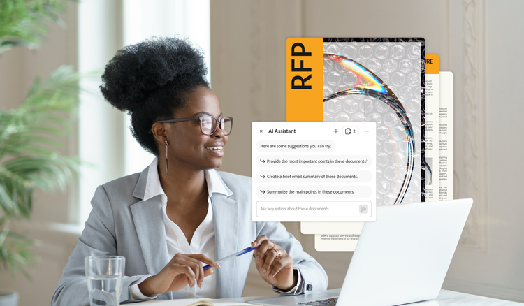 Woman asking AI Assistant to summarize a long PDF.