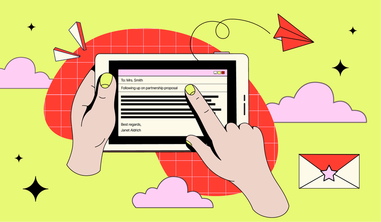 A person writes a follow-up email on their tablet device.