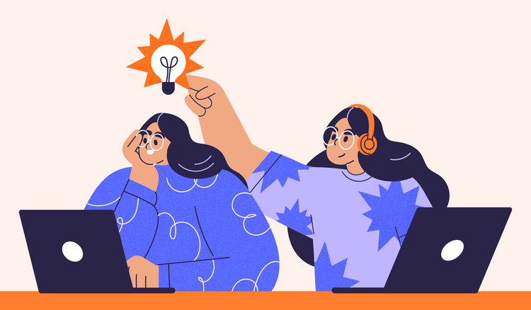 A woman sitting next to a past version of herself cites prior work properly to avoid self-plagiarism.