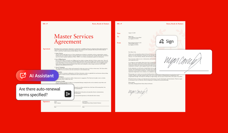 A Master Services Agreement PDF showing an e-sign field and AI Assistant being asked if auto-renewal terms are specified.