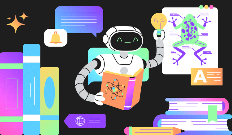 An AI robot is surrounded by various study materials.