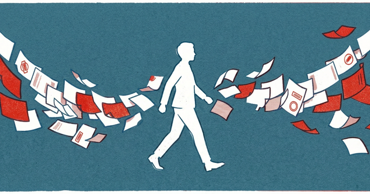A white silhouette of a person walking while many red and white papers and documents float around it, demonstrating the overwhelming paperwork during new hire onboarding for employees.