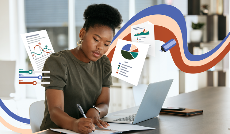 A woman sits at a desk, taking notes in a notebook next to an open laptop with animated pages of a case study floating around her.