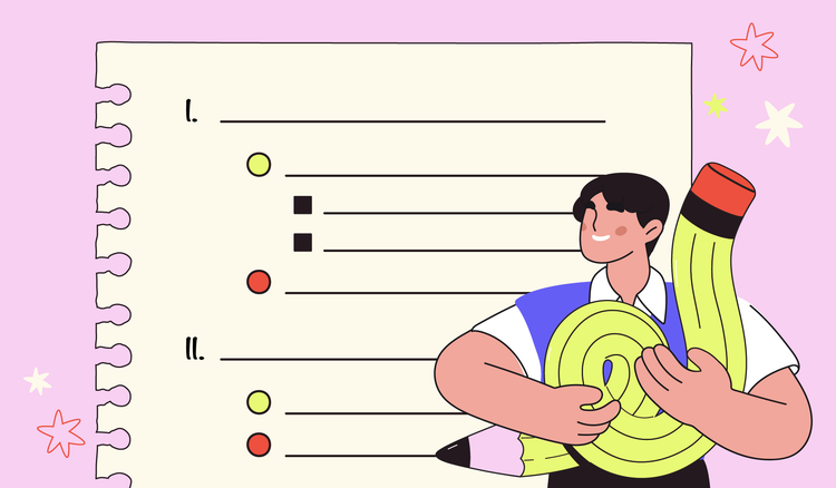 A person holding a pencil uses the Outline method to study.