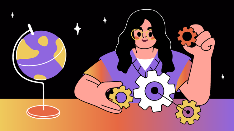 A woman with a globe and gears in front of her explores the differences between retrieval practice and passive study methods.