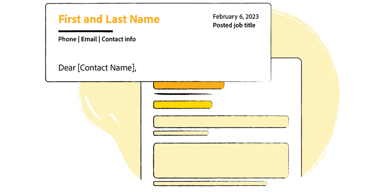 An illustration of a cover letter header with the date, posted job title, recipient's contact information, and letter salutation.