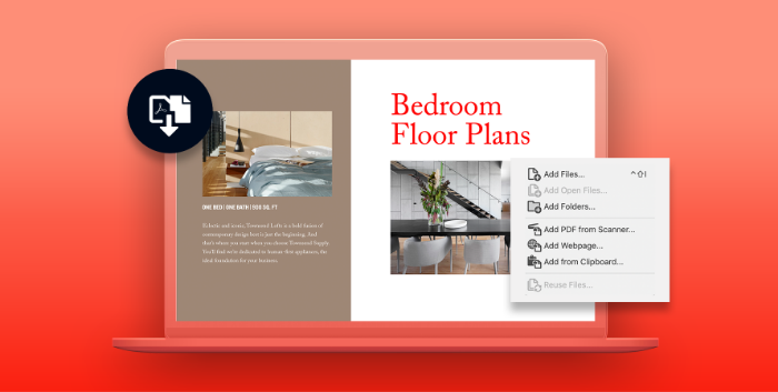 Document management software showing bedroom floor plans with a drop-down menu.