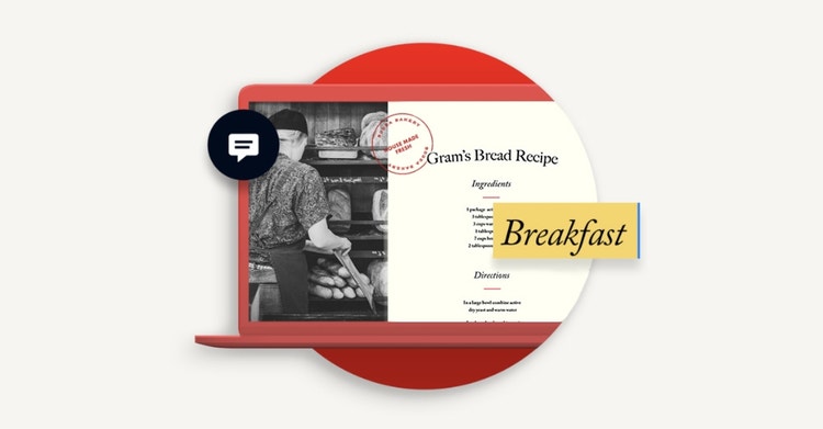 A mock-up of a red laptop showing a page in a recipe book depicting "Gram's Bread Recipe"