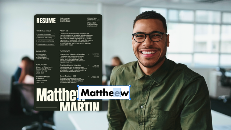 Smiling interviewee next to a resume.