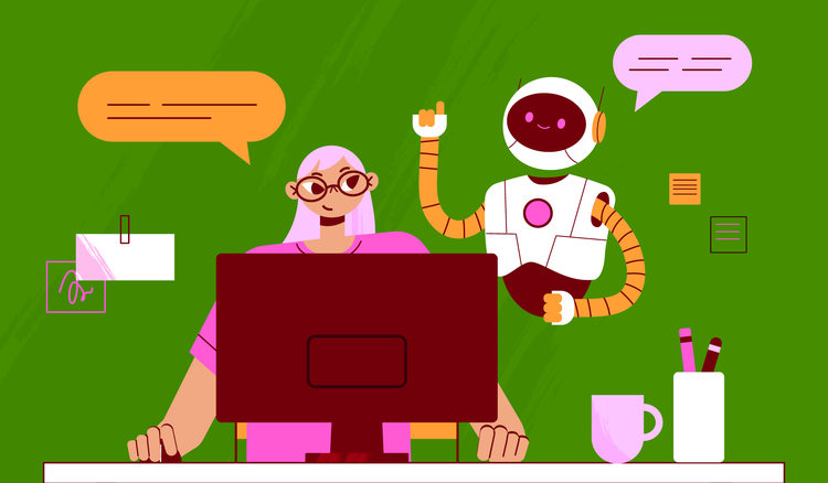 A woman writes a follow-up email using AI on her desktop computer after an interview.