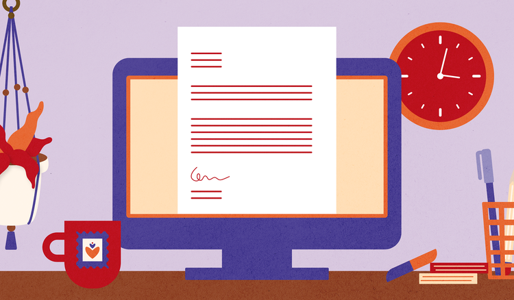 A desktop computer with a coffee mug on the desk next to it and a potted plant hanging on the wall behind it displays a document on it.