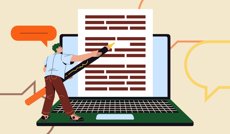 A person adds common transition words to an essay on their laptop.