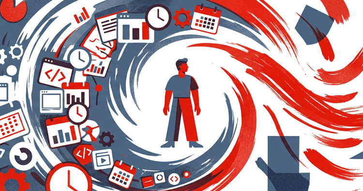 Illustration of a person standing in the middle of a vortex of charts, calendars, clocks, code, and other digital tools that symbolize the difficulties and roadblocks of navigating AI use and adoption in the workplace.
