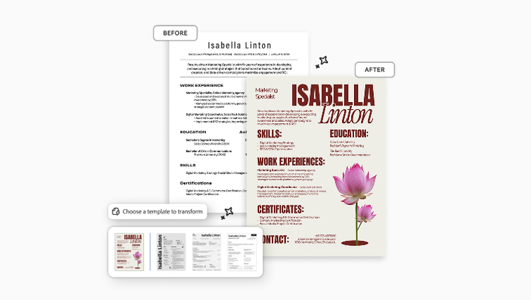 Before-and-after images of a resume transformed by using a template.