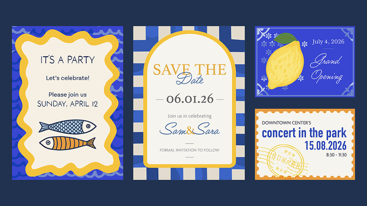 4 invitations or announcements feature dates written as: 1. Sunday, April 12, 2. 06.01.26, 3. July 4, 2026, and 4.15.08.2026.