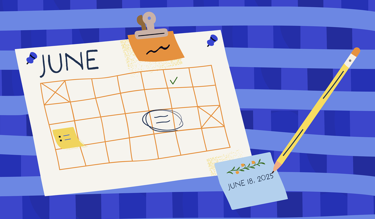 A calendar of the month of June has a day circled and a sticky note that shows how to write a date of June 18, 2025.