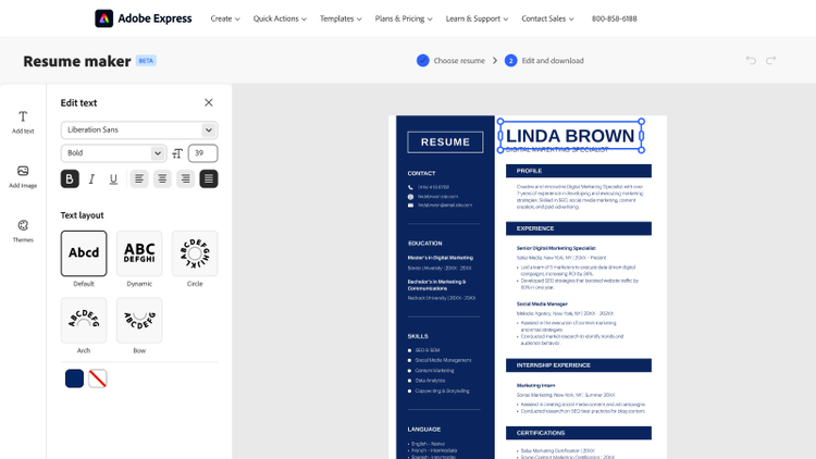 A resume being edited in the Adobe Express resume maker interface.