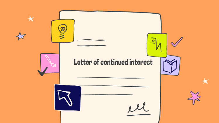 A letter of continued interest is surrounded by icons, including a light bulb, an arrow, a book, a paintbrush, and a line chart.
