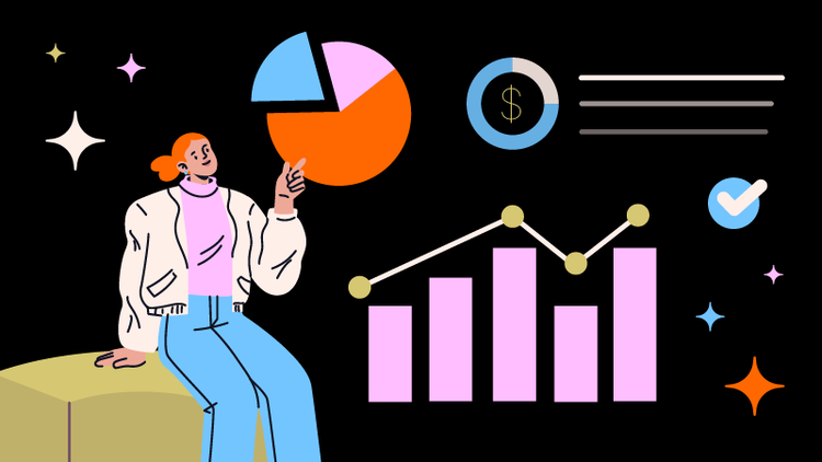 A woman points to various charts and graphs.