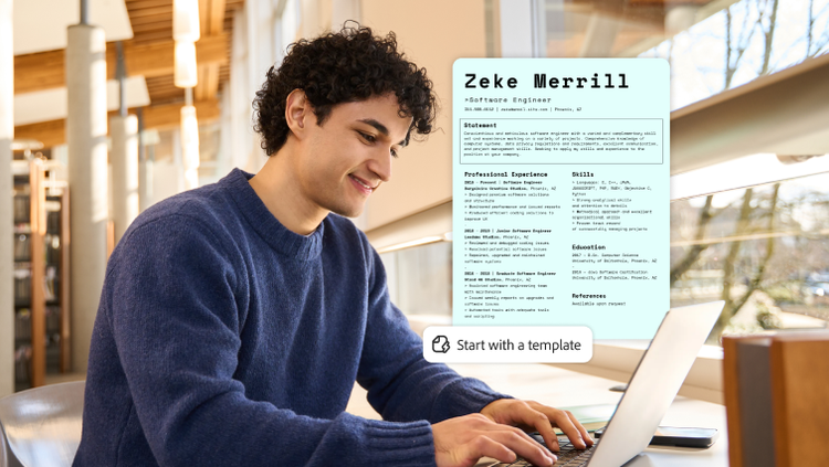 A man working on a laptop to create a resume from a template.