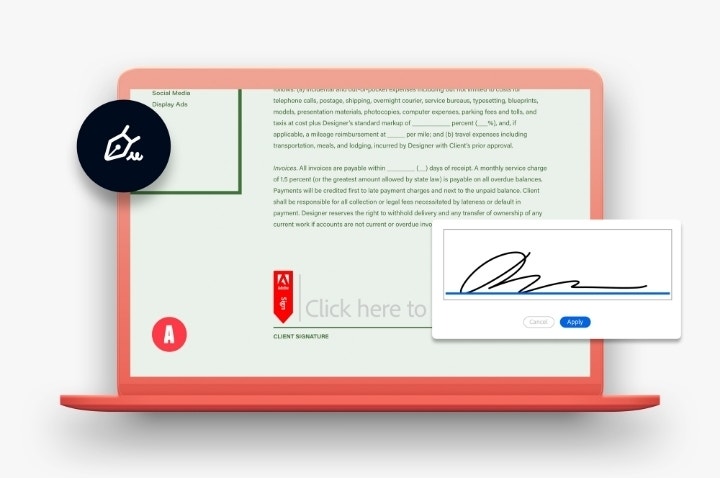 An example of a contract document on a laptop. At the bottom of the contract is a space to sign electronically using Adobe Acrobat Sign. An example e-signature is shown.