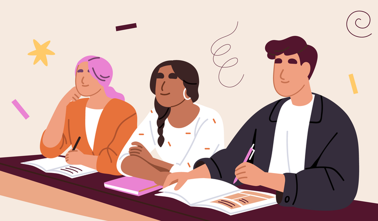 A group of students takes notes using the Cornell note-taking method.