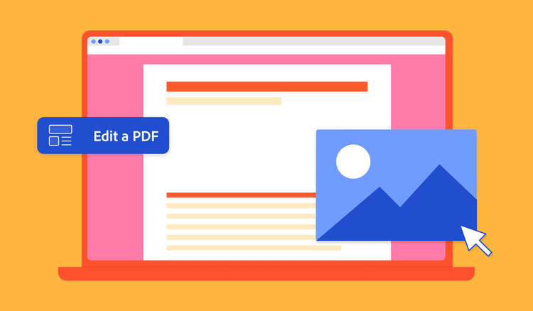 An illustration of a laptop with an "Edit a PDF" button and a picture file on the screen.