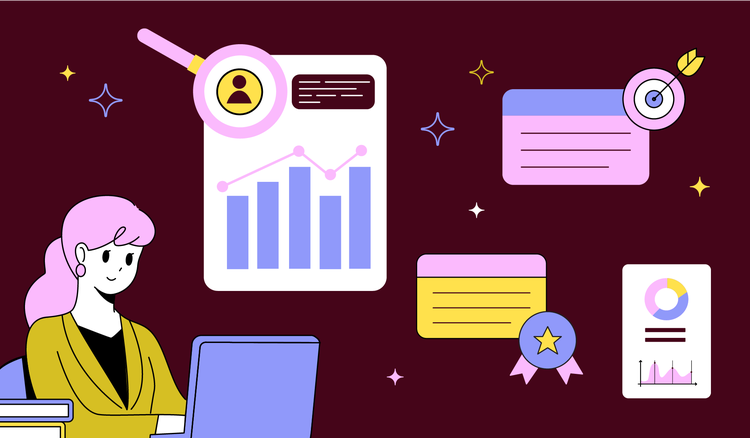 A woman writes a performance review on her laptop with AI.