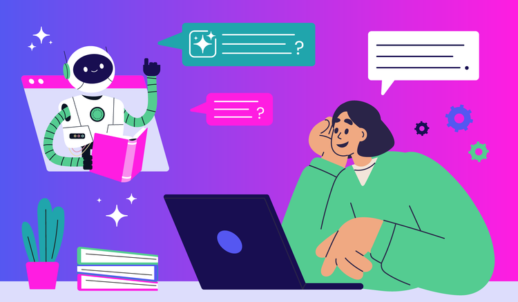 A woman practices interview questions with AI on her laptop.