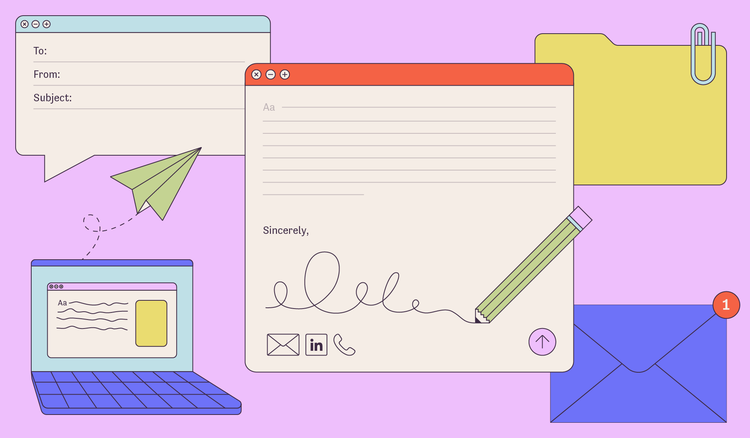 Five icons: A web browser tab is open with an email signature, a file with a paper clip, an envelope, an open laptop, and a paper airplane.