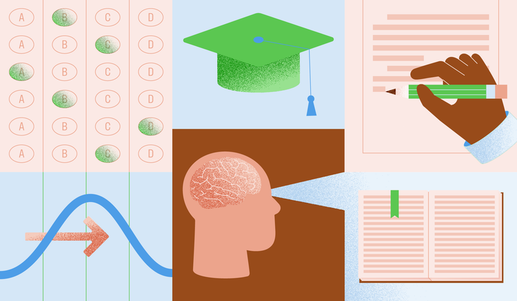 An illustration of a scantron, next to a graduation cap, next to a brain memorizing the most common SAT vocabulary words.