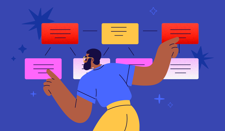 A person with multiple notes connected by lines in front of them uses the Zettelkasten method of note-taking.