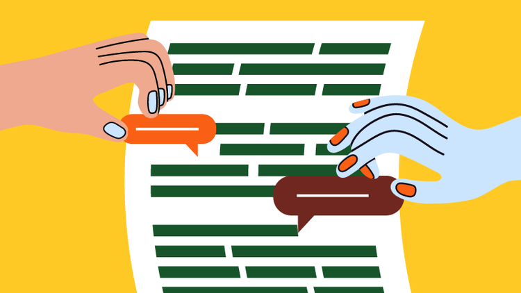 Two hands add comment icons to an essay.