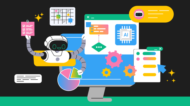 Various AI productivity tools appear on a desktop computer.