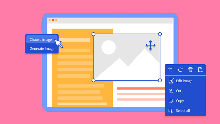 An online PDF editor shows options to choose or generate an image, alongside picture-editing options.