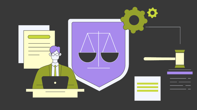 A man types at a laptop with a document behind him. In the center is a crest with a scale. To the right are gears, a gavel, and a document.