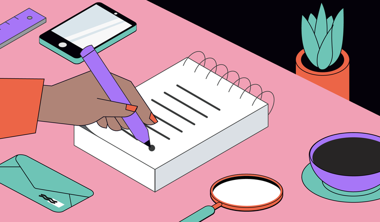 A hand takes notes on a notebook with a magnifying glass, a mug of coffee, a ruler, a potted plant, an envelope, and a smartphone around it.