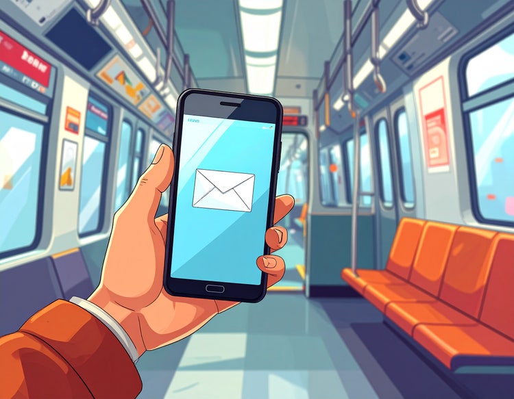 Cartoon image of a man's hand holding a phone with email open while riding a train for his work commute.
