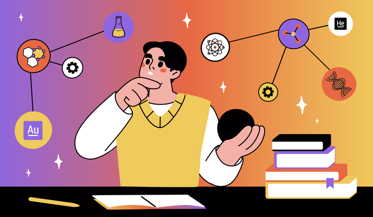 A man with a stack of books next to him uses the retrieval practice study method.