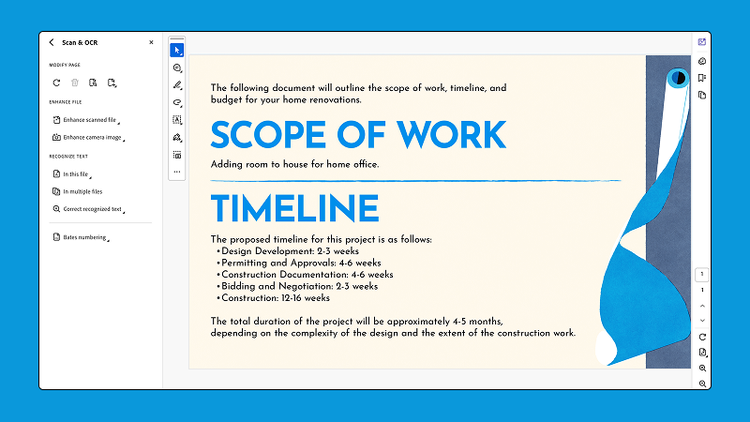 The Scan & OCR Adobe Acrobat interface showing an edit being made in a proposal PDF.