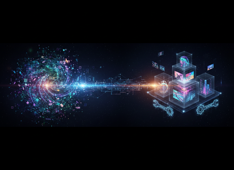 Illustration showing data and images transforming from a disorganized mass into organized blocks and visuals, symbolizing the transition from AI prompt to finished product generation.