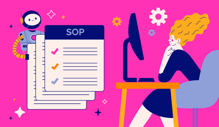 A woman sitting at a desk uses an AI SOP generator on her desktop computer.