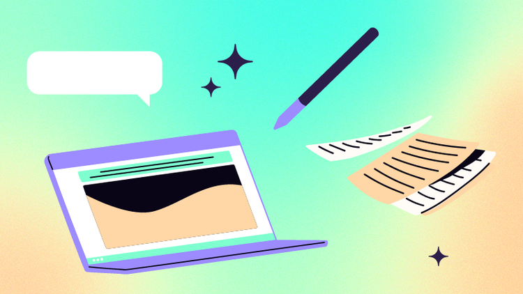 A laptop computer has a speech bubble, sparkles, documents, and a pen surrounding it.
